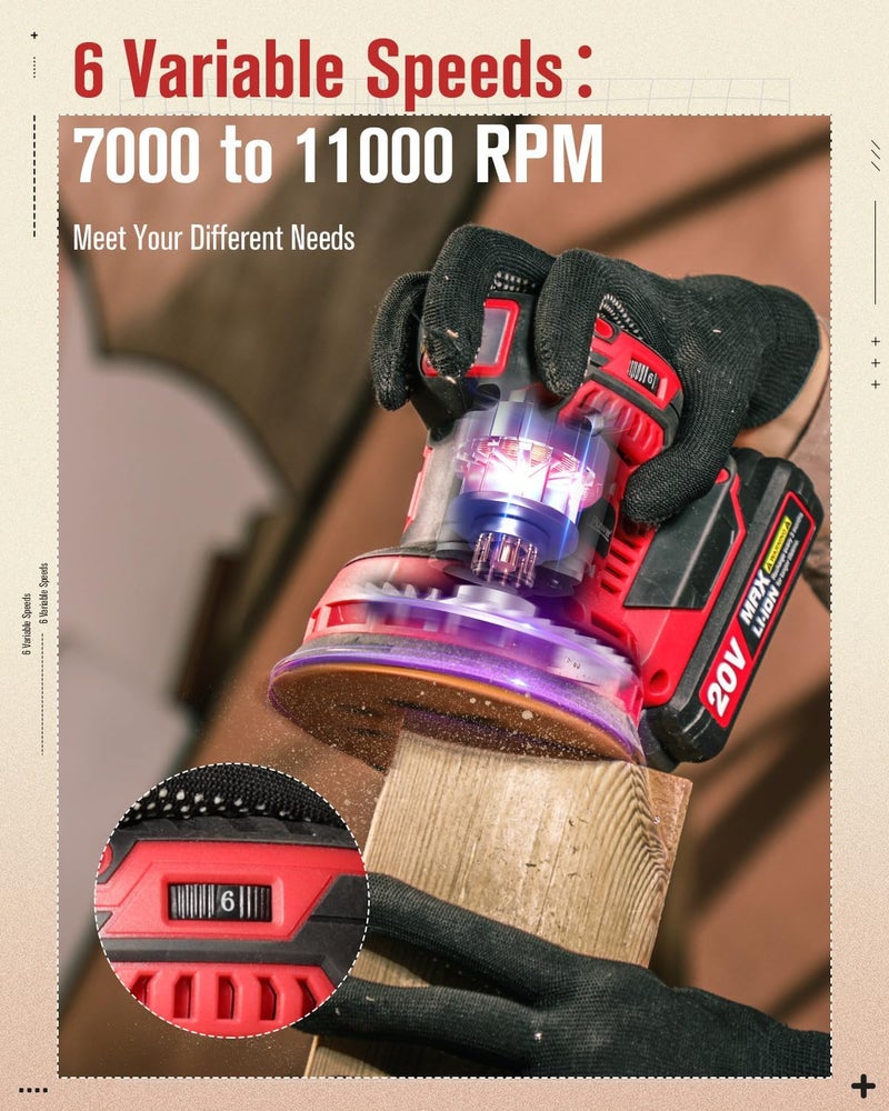AVID POWER 20V Cordless Orbital Sander 5 Inch Electric Sander Tool with 6 Variable Speeds 7000-11000 RPM Battery Powered Sanders for Woodworking, 30 Pcs Sandpapers and Dust Collection Bag - Image 2